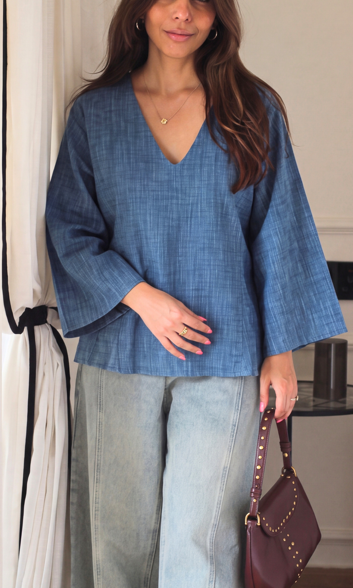 Blue Chambray V-Neck Peplum Top