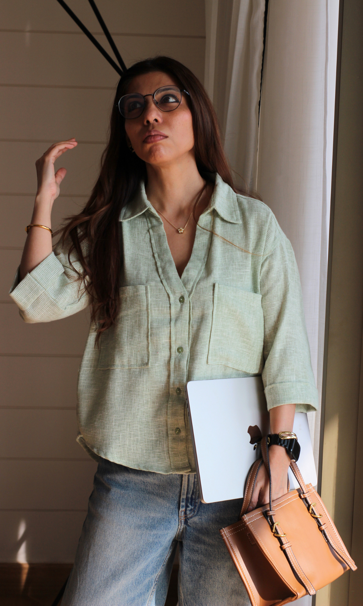 Light Green Weave Cropped Shirt