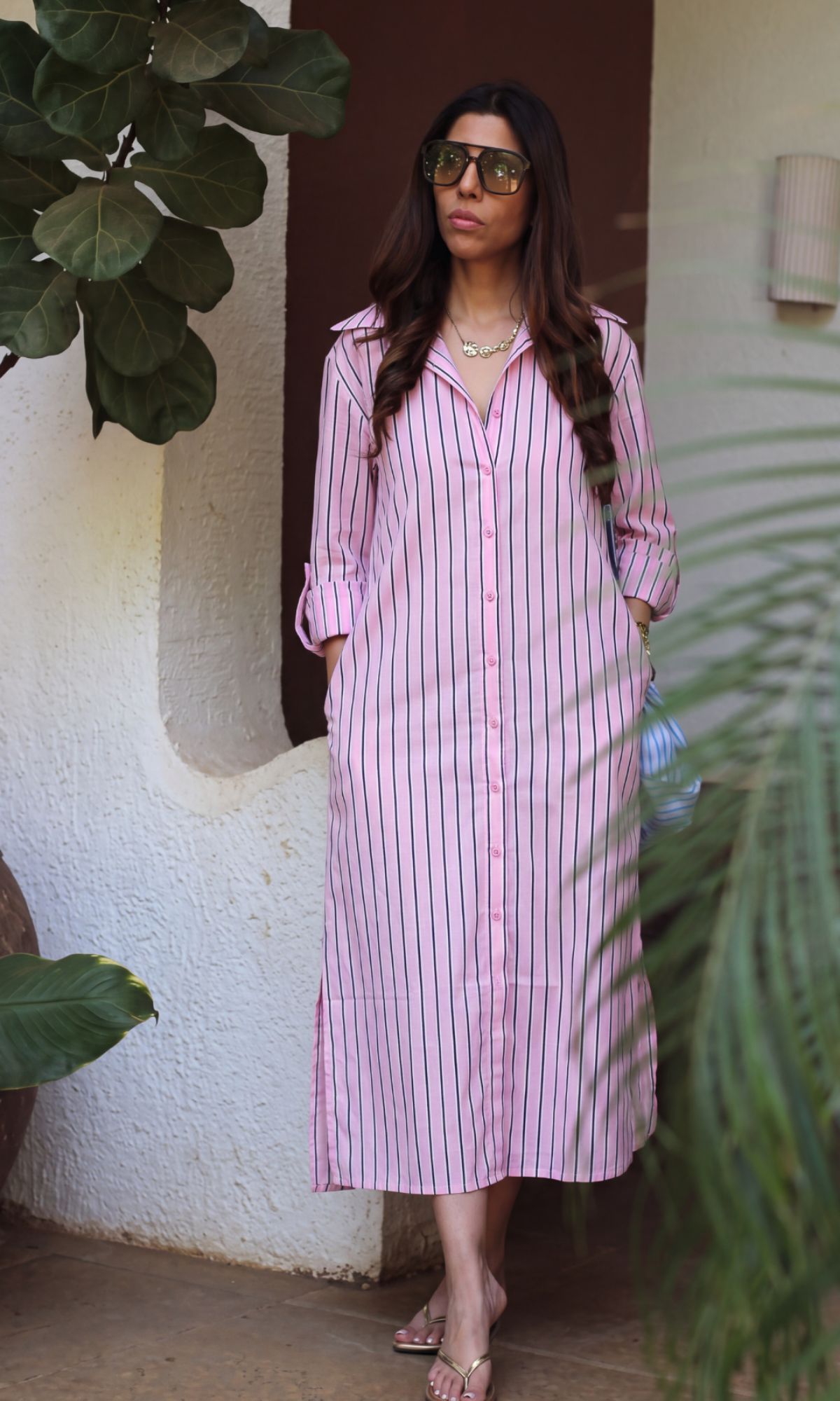 Pink Black Stripe Cotton Shirt Dress