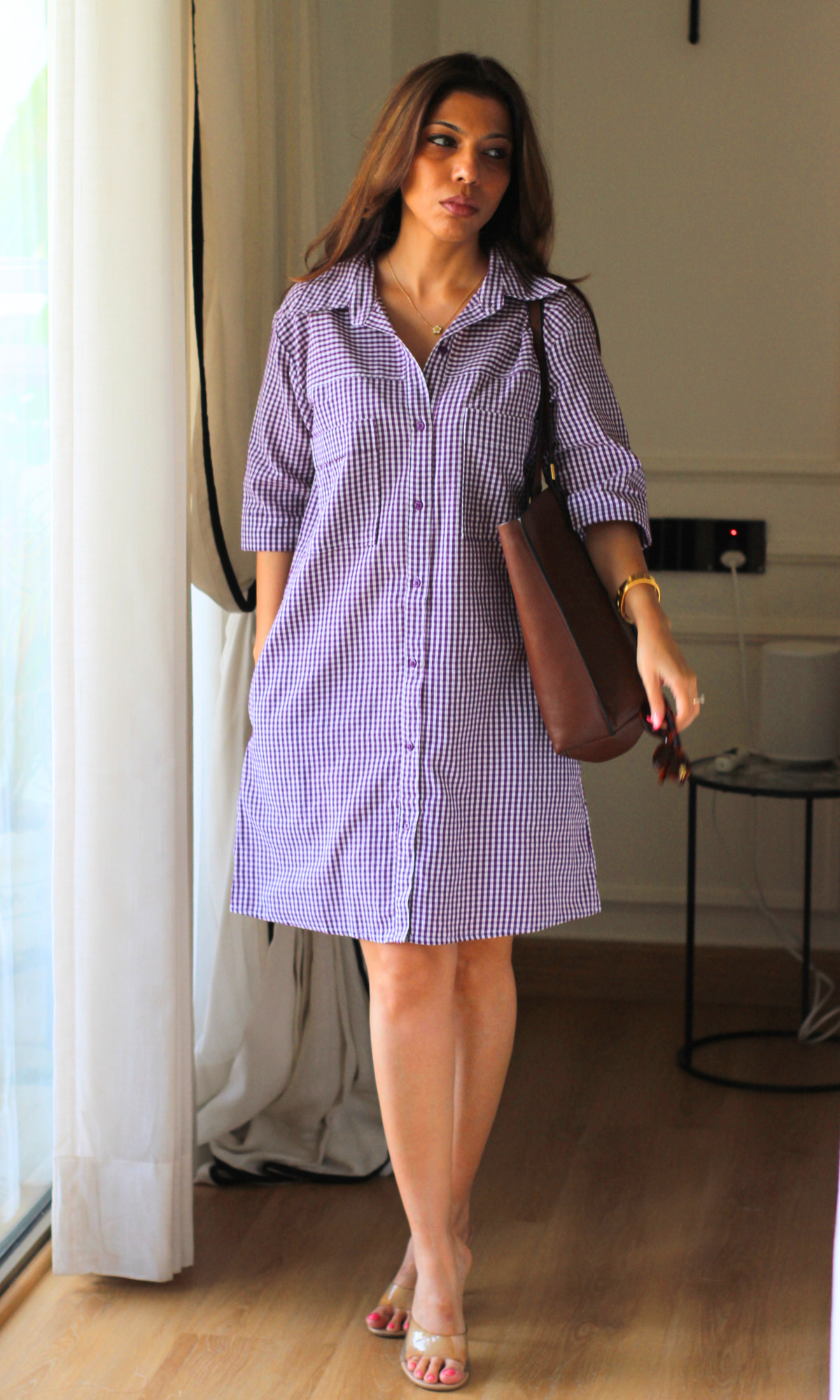 Purple Gingham Utility Shirt Dress