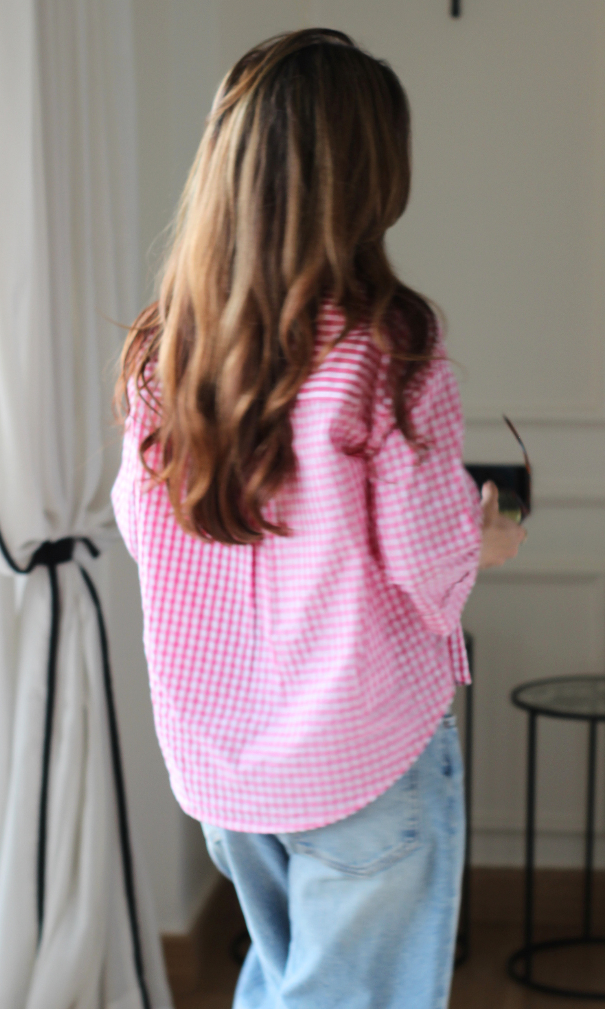 Pink Gingham Cotton Cropped Shirt