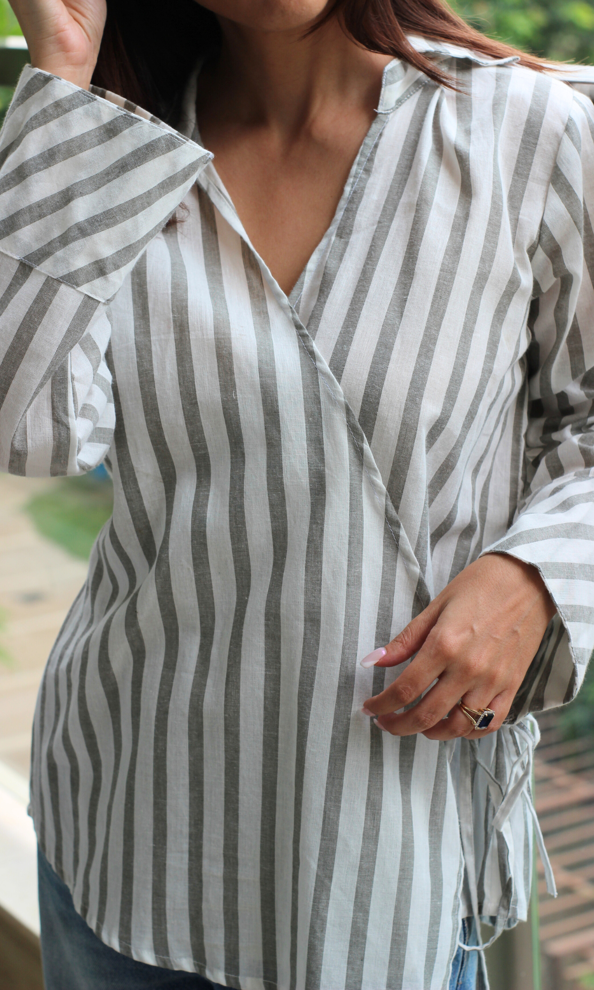 Charcoal-White Collared Cotton Kimono Top