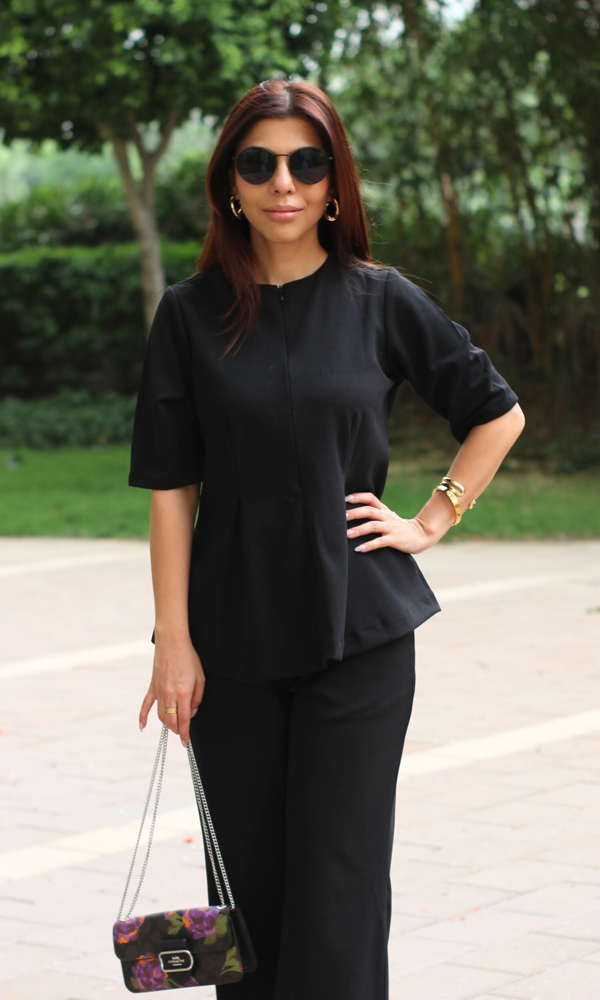 Black Sleeved Sleek-Pleat Detail and Flared Pants Co-ord