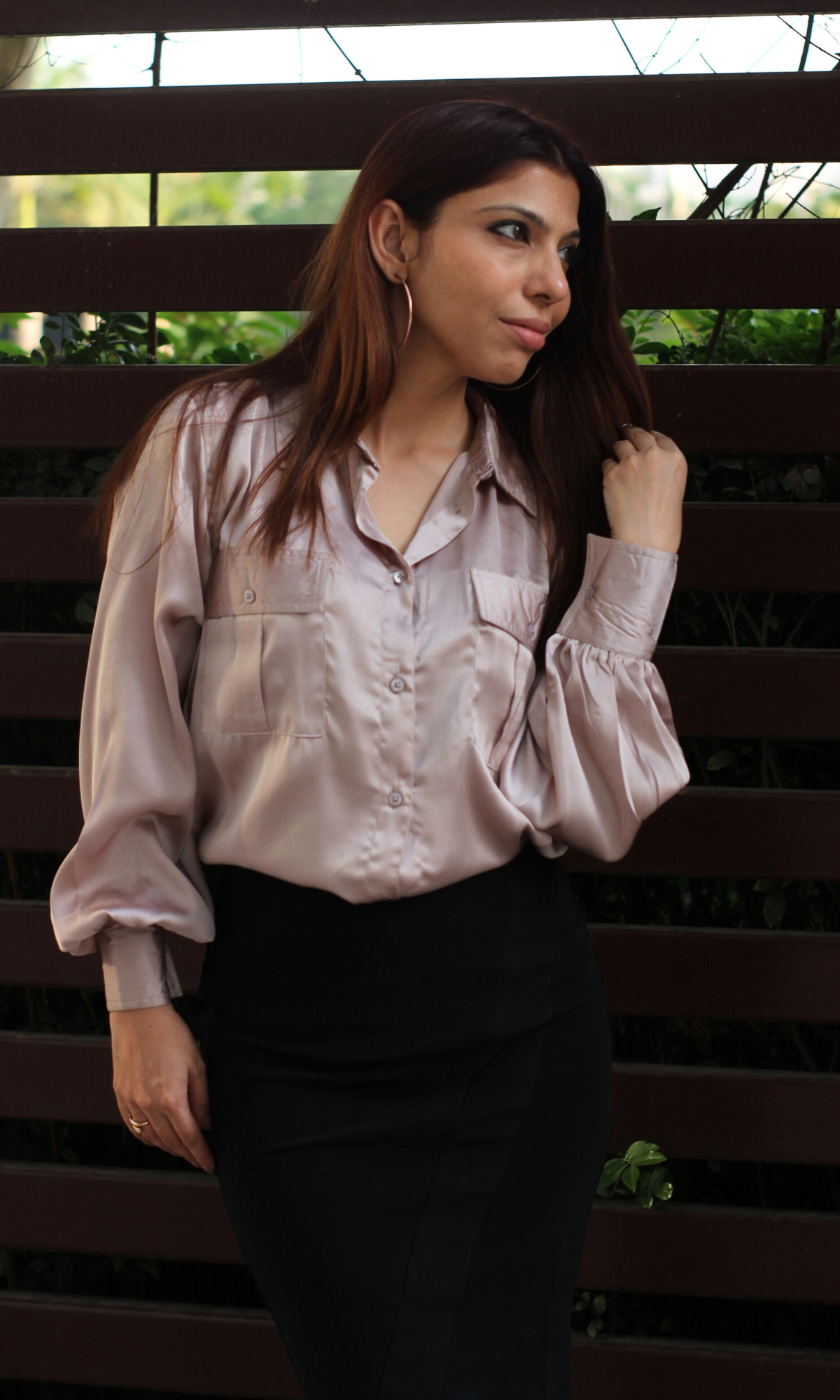 Greyish Mauve Balloon Sleeved Satin Shirt