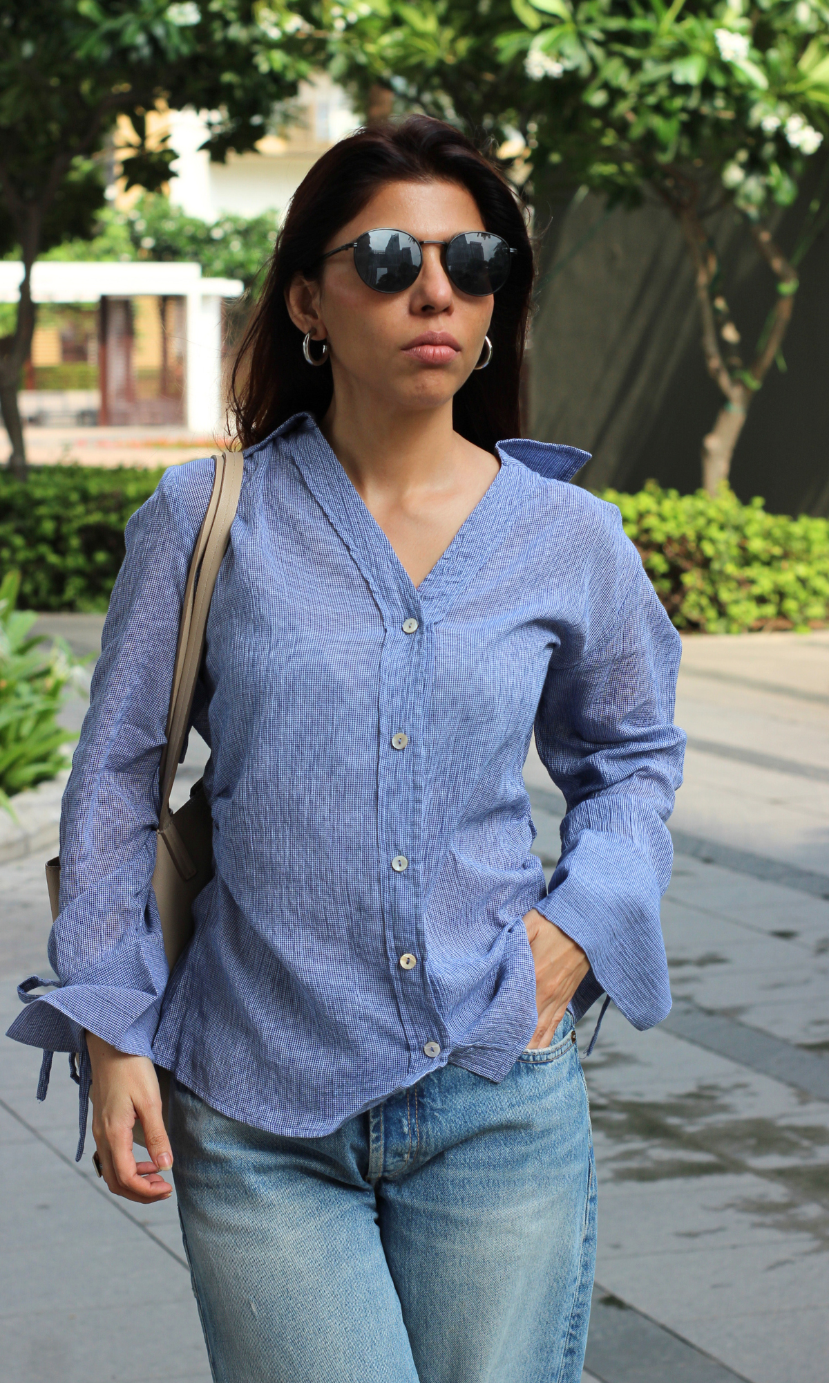 Blue Crinkled String Detail Cotton Shirt