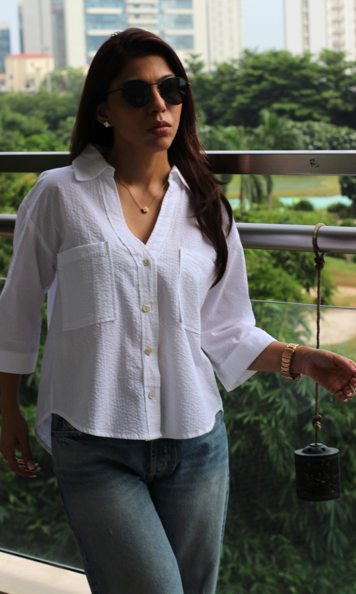 White Self-Striped Cotton Cropped Shirt