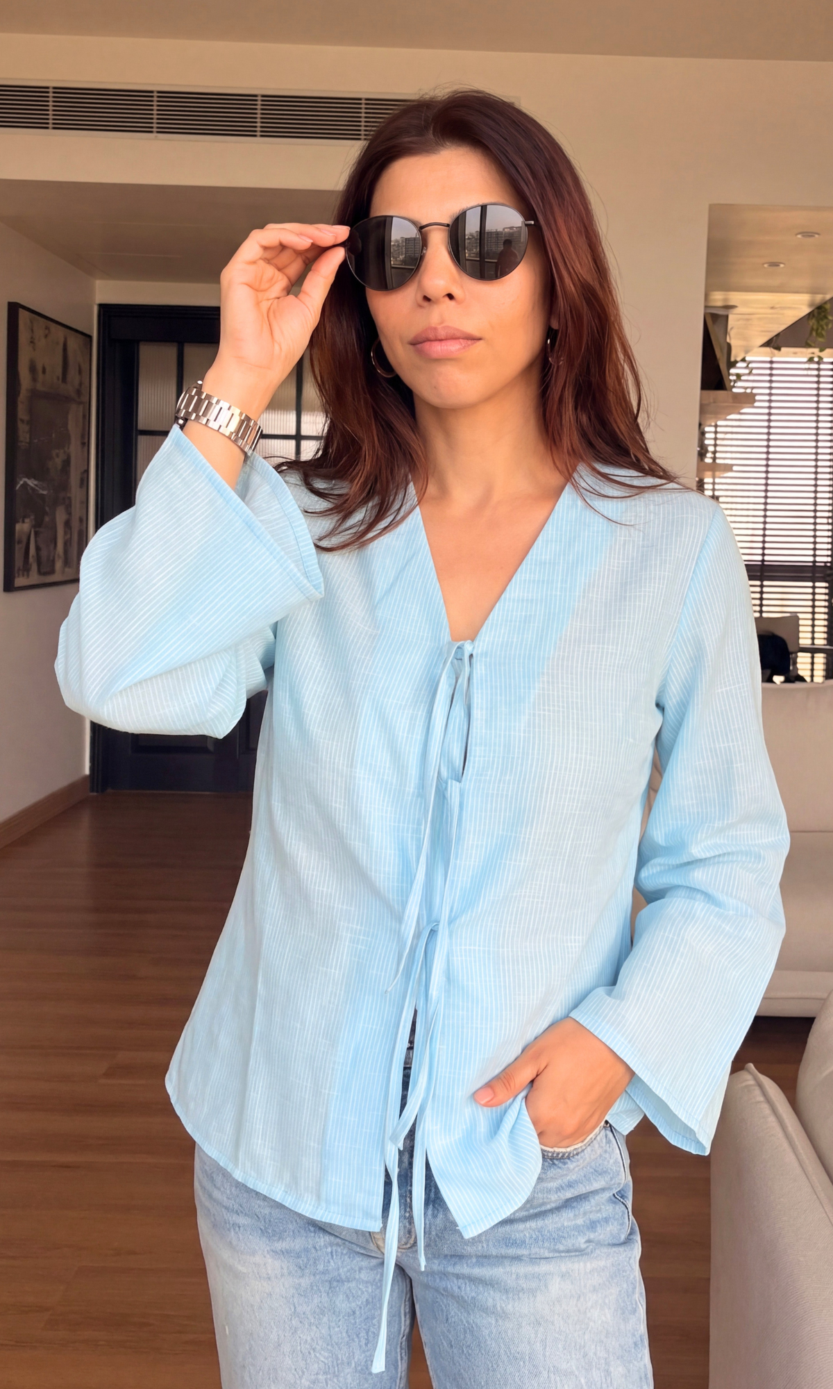 Blue Bow Detail Flared Sleeves Top