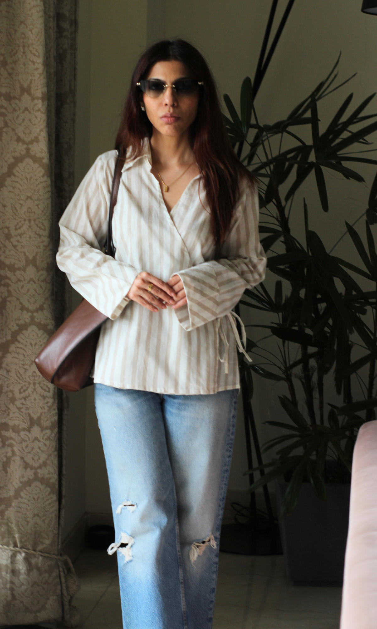 Taupe-White Collared Cotton Kimono Top