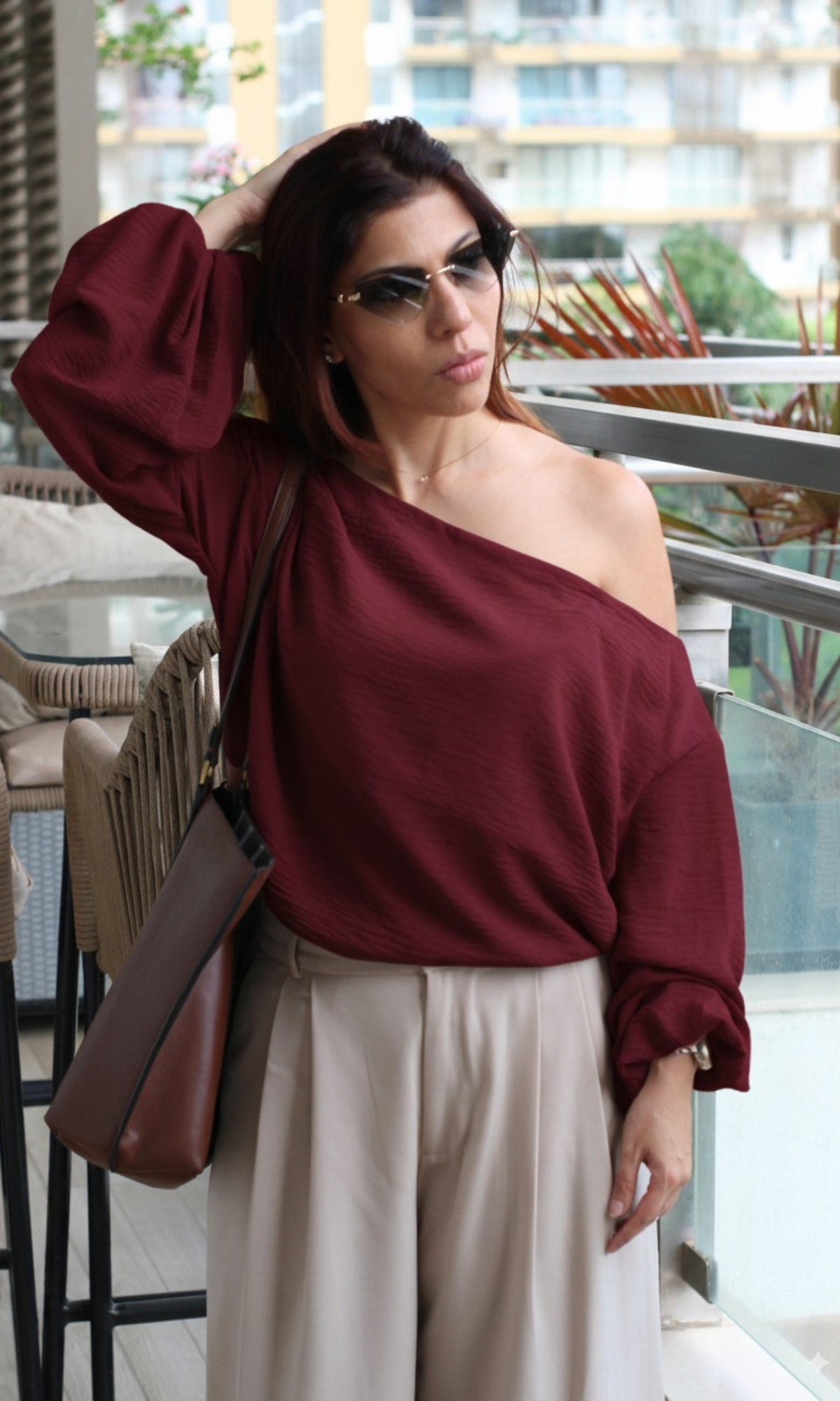 Wine Balloon Sleeved One Shoulder Top