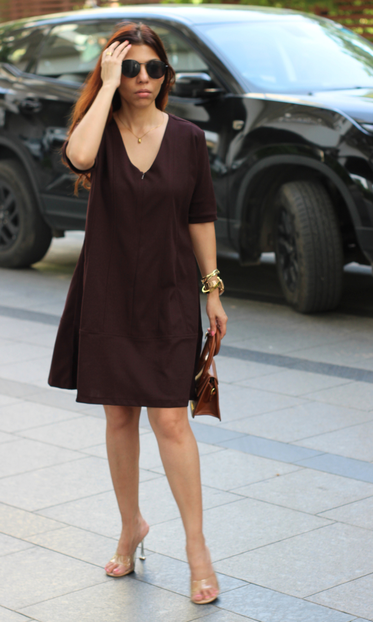 Deep Roast Zip Detail Flared Dress
