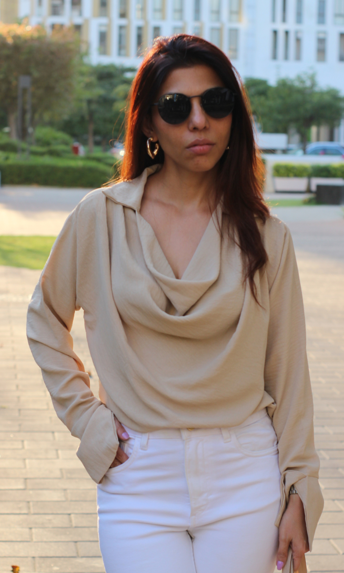 Beige Collared Cowl Neck Top