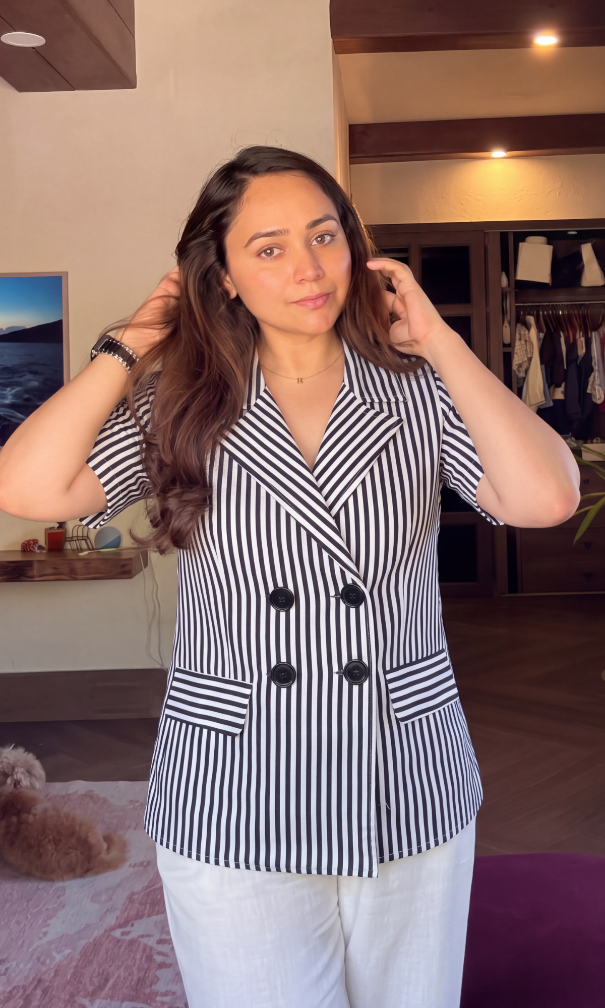 Monochrome Stripe Half-Sleeve Blazer