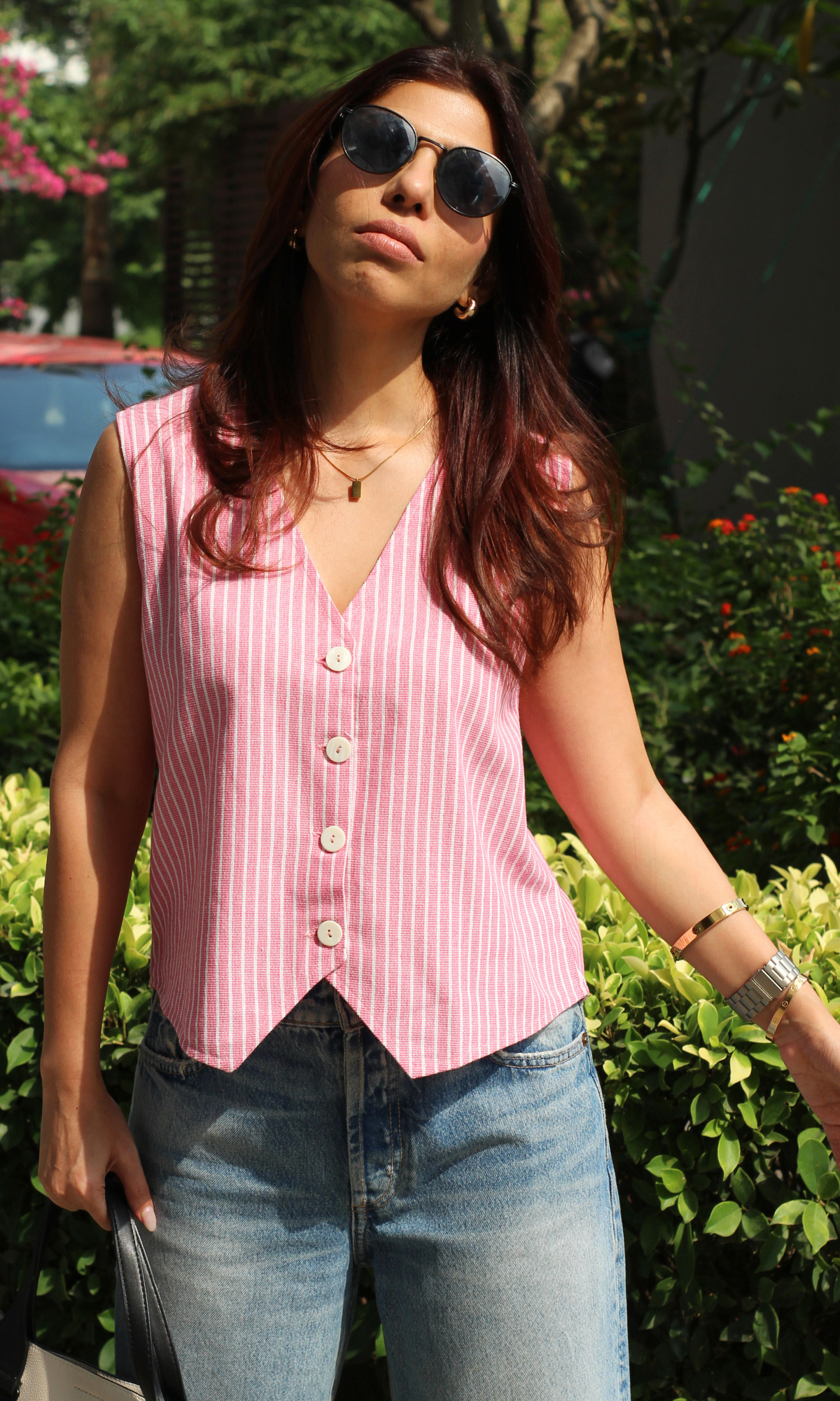 Pink Parallel Striped Waist Coat