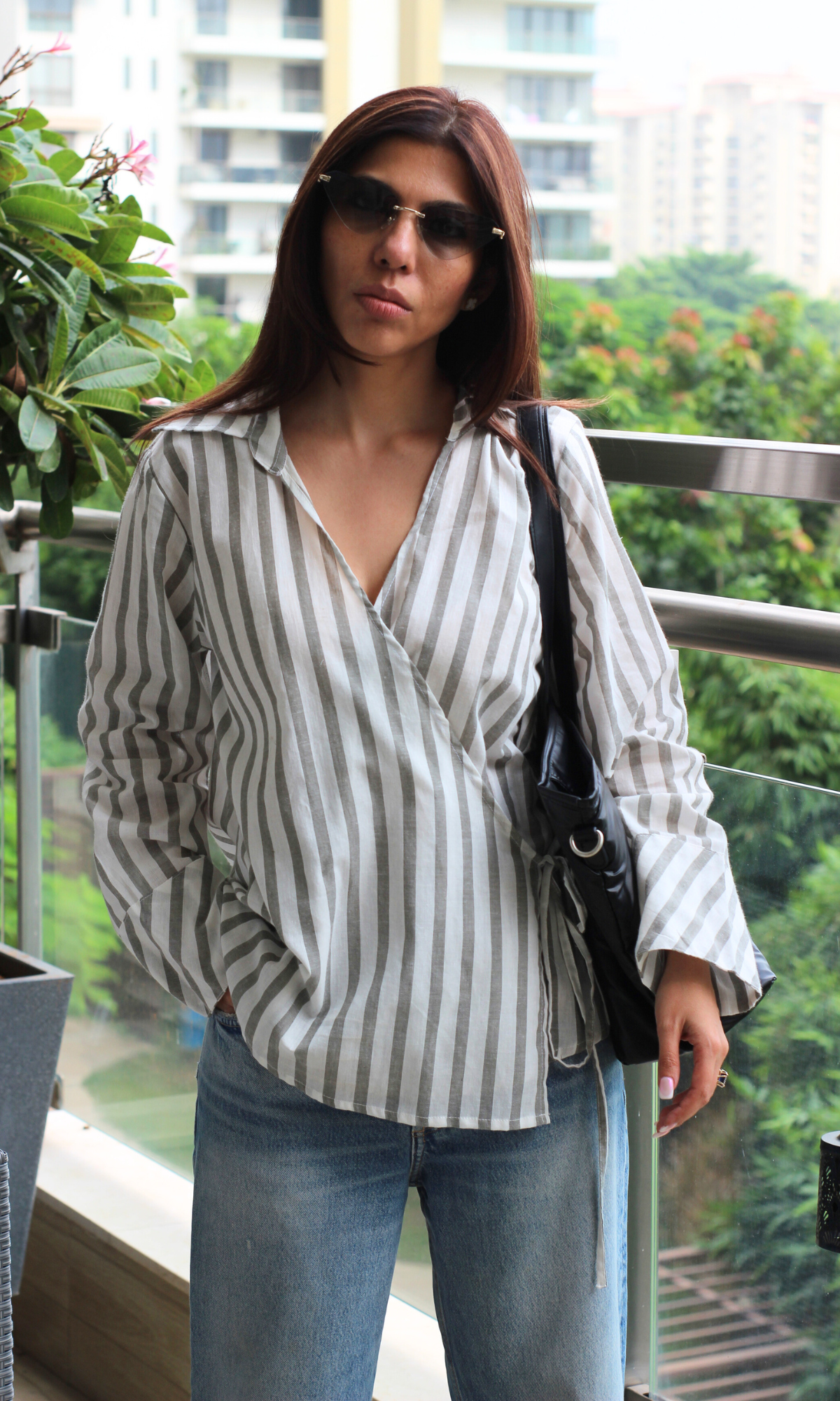 Charcoal-White Collared Cotton Kimono Top