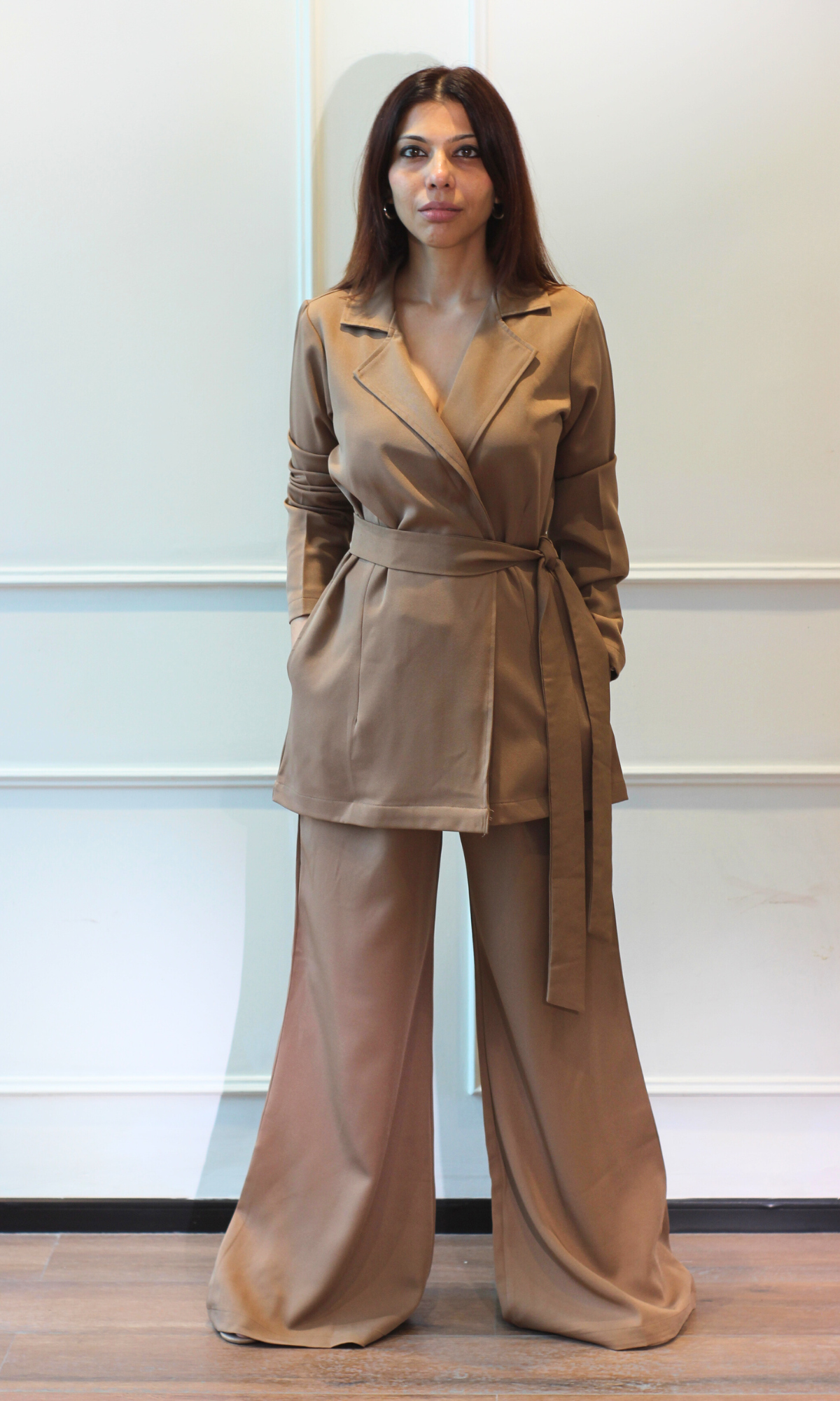Latte Wrap Blazer Top with Flared Pants Co-ord