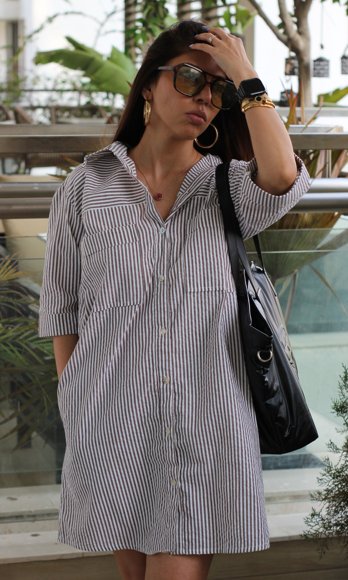 Mocha Stripe Cotton Shirt Dress