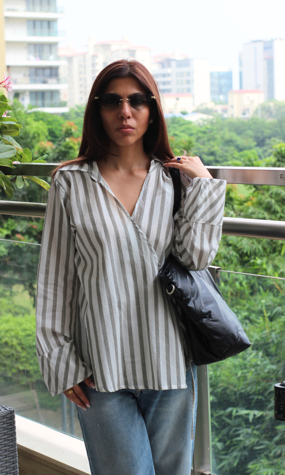 Charcoal-White Collared Cotton Kimono Top