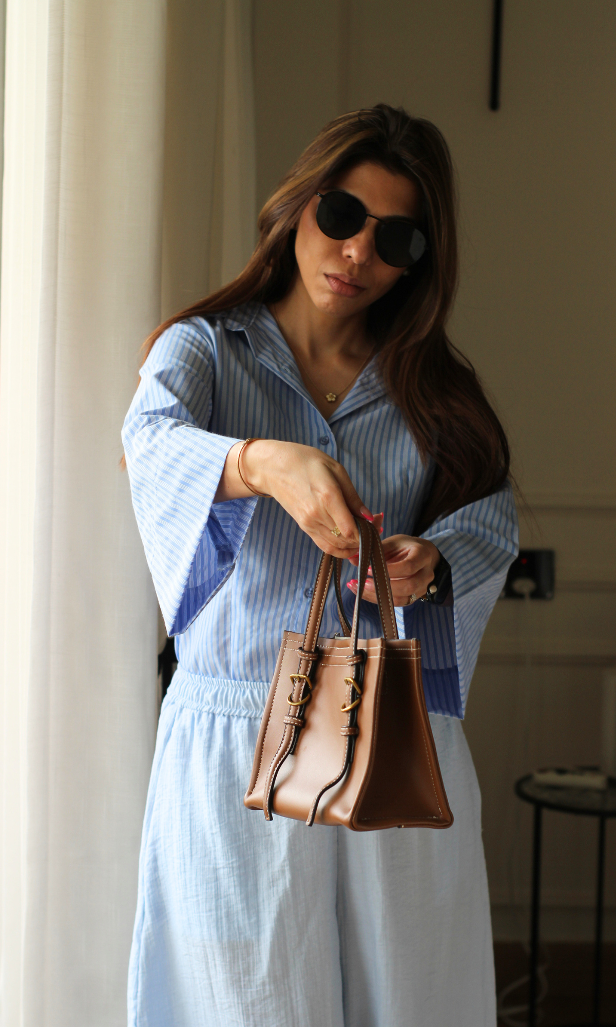 Powder Blue Pinstripe Tailored Peplum Shirt