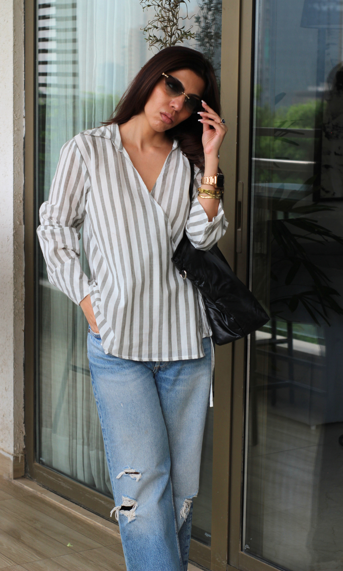 Charcoal-White Collared Cotton Kimono Top