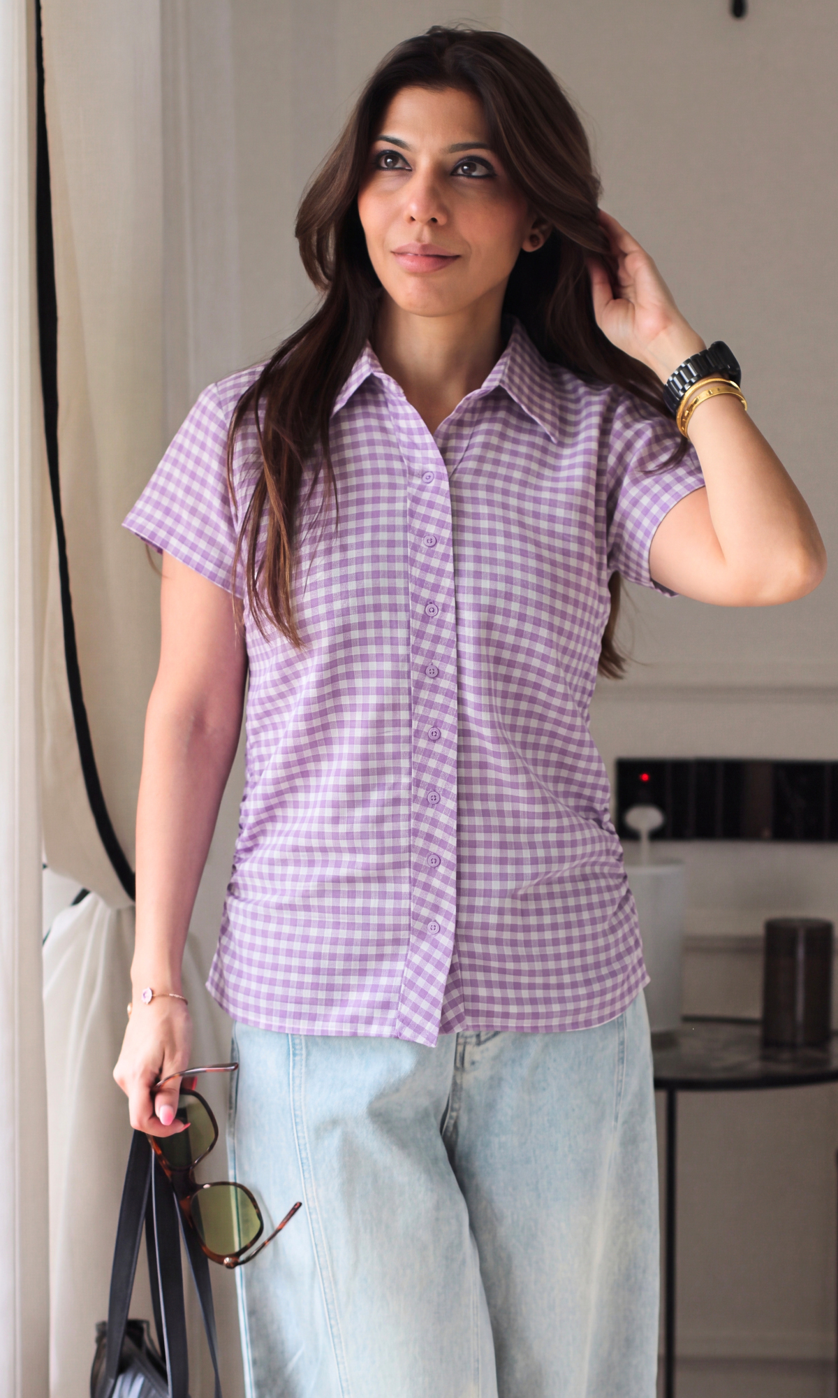 Lilac Gingham Ruched Shirt