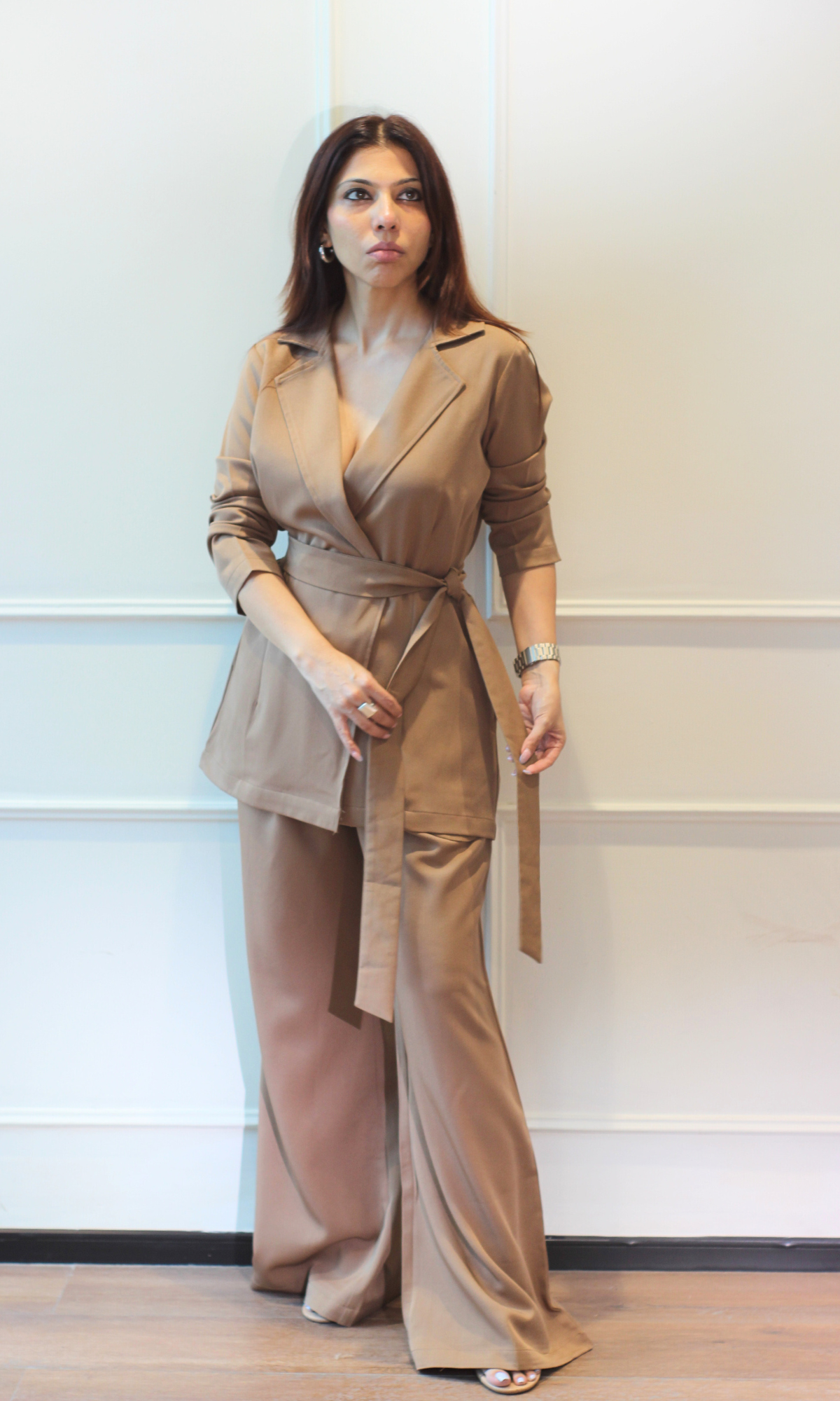 Latte Wrap Blazer Top with Flared Pants Co-ord
