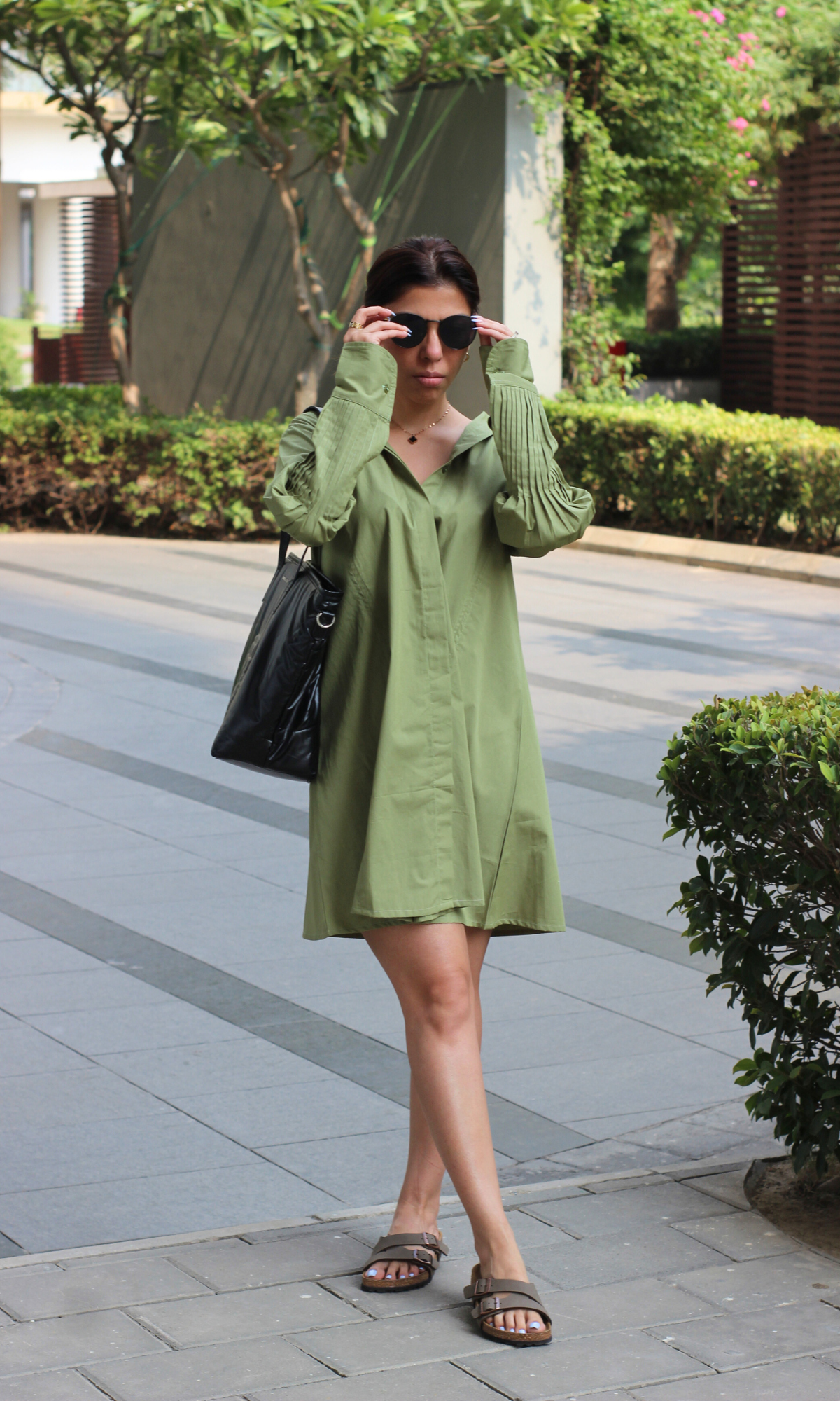 Pleated Detailed Olive Poplin Dress