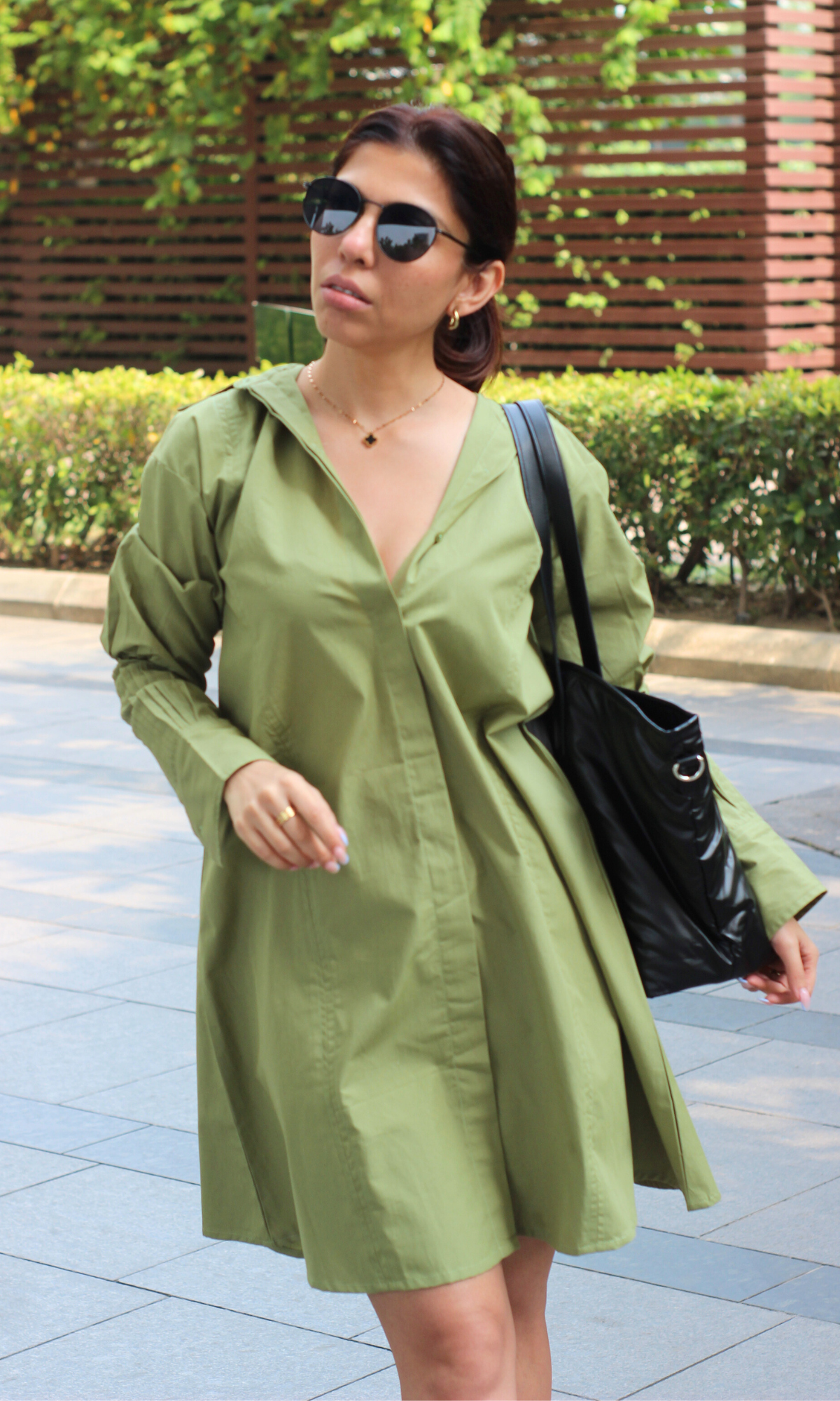Pleated Detailed Olive Poplin Dress