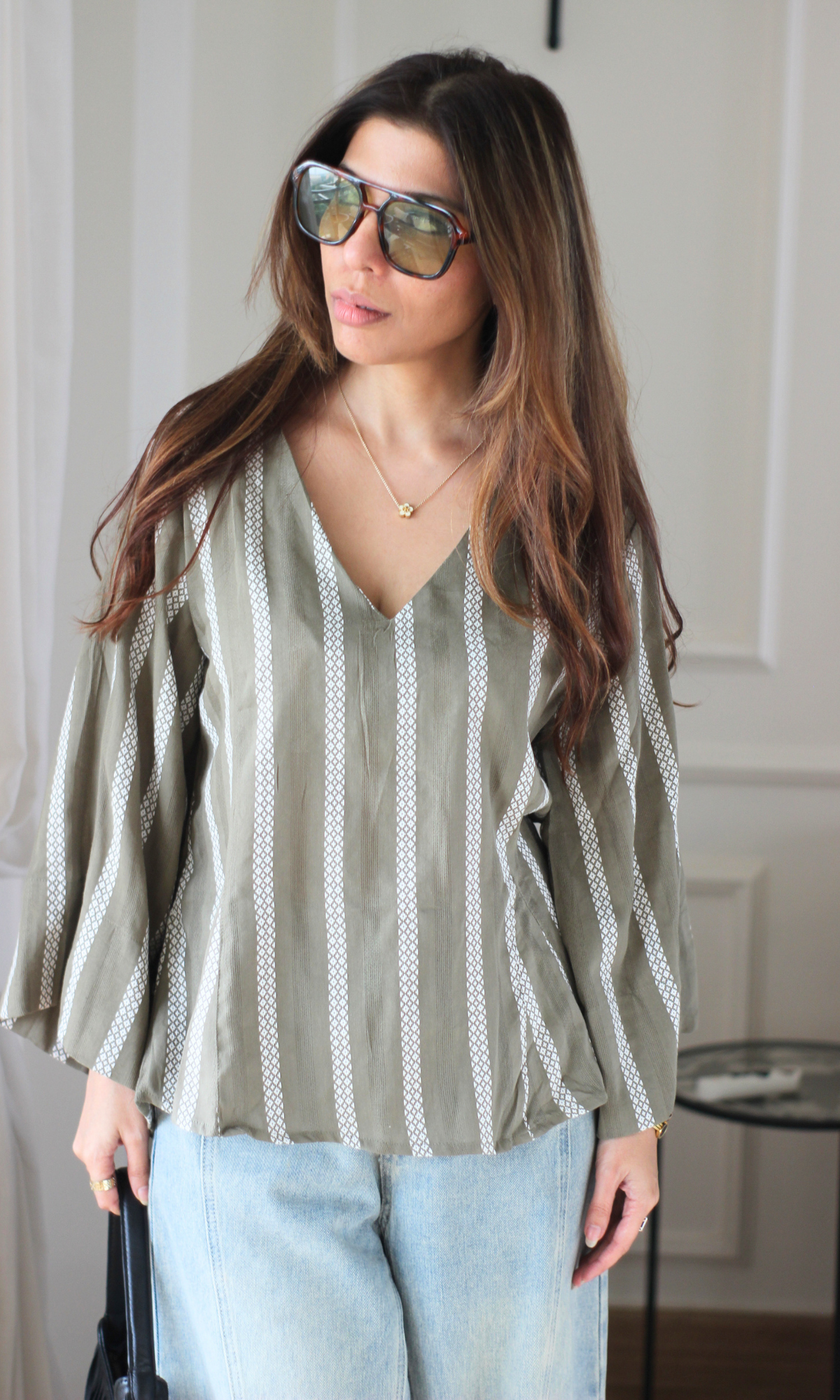 Olive Woven Border Stripe V-Neck Top