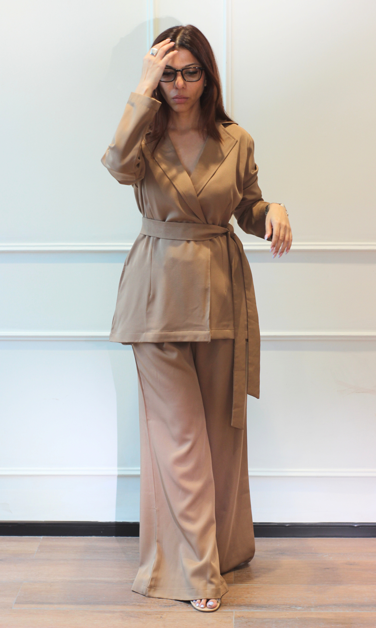 Latte Wrap Blazer Top with Flared Pants Co-ord