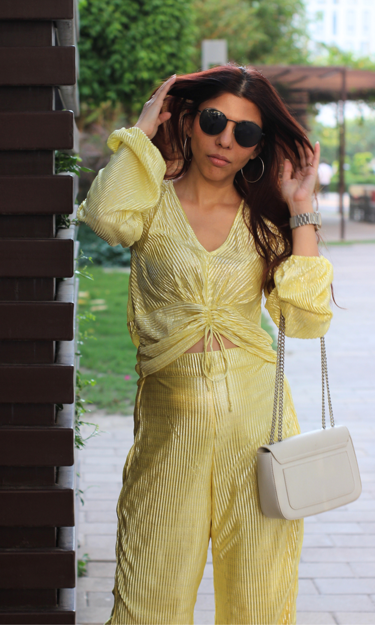 Lemon Pleated Shimmer Sleeved Top and Flared Pants