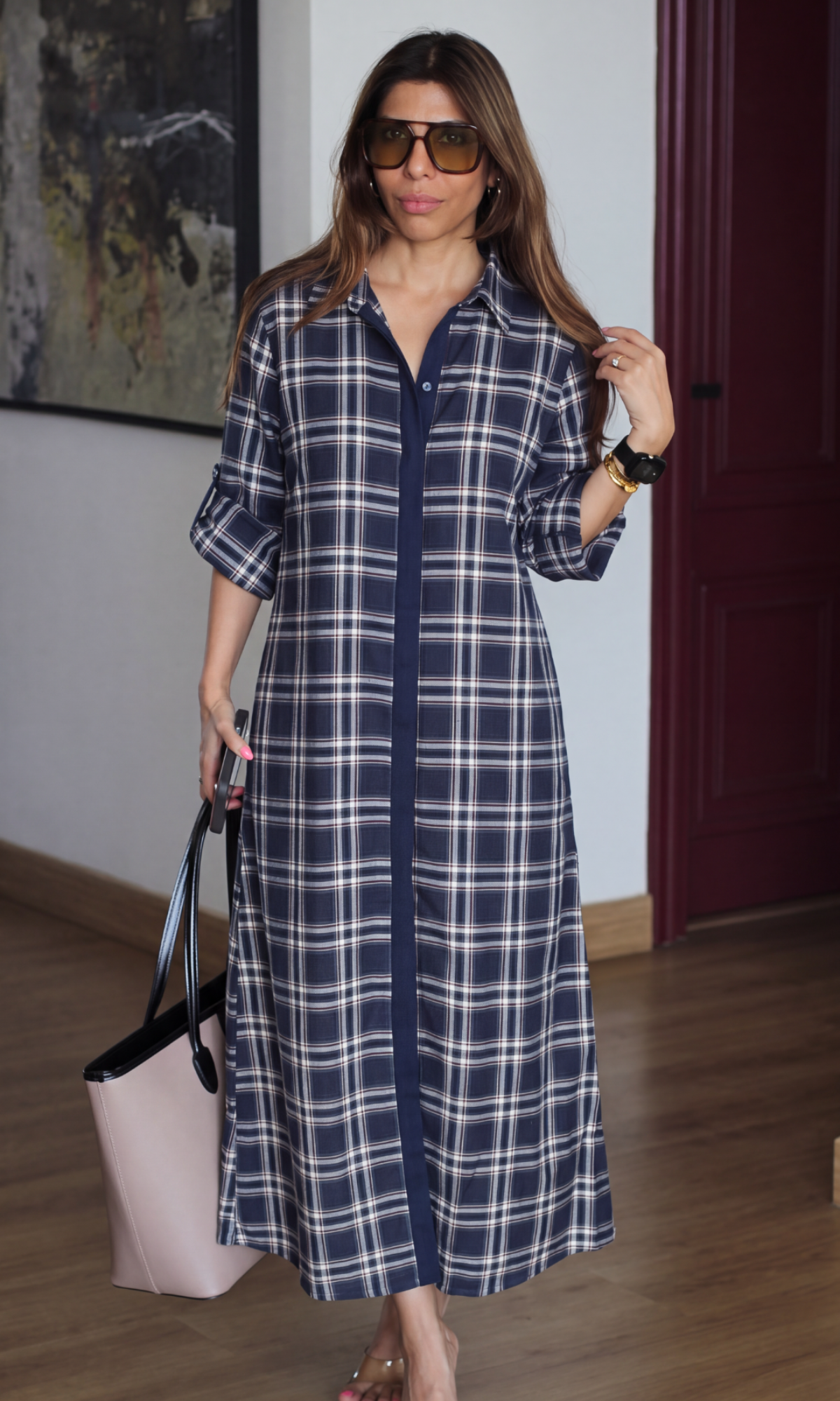Navy Rust Plaid Contrast Shirt Dress