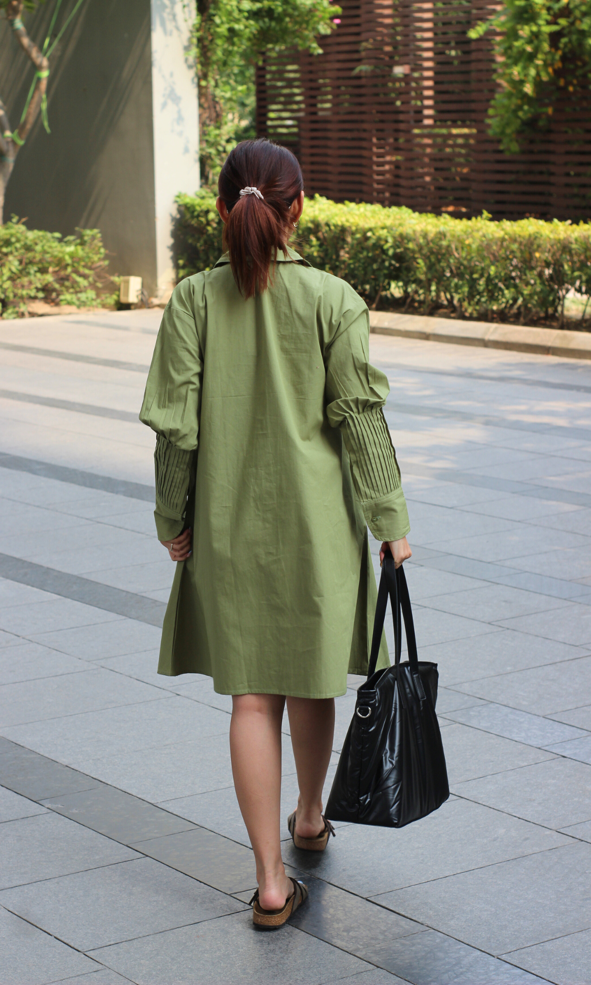 Pleated Detailed Olive Poplin Dress