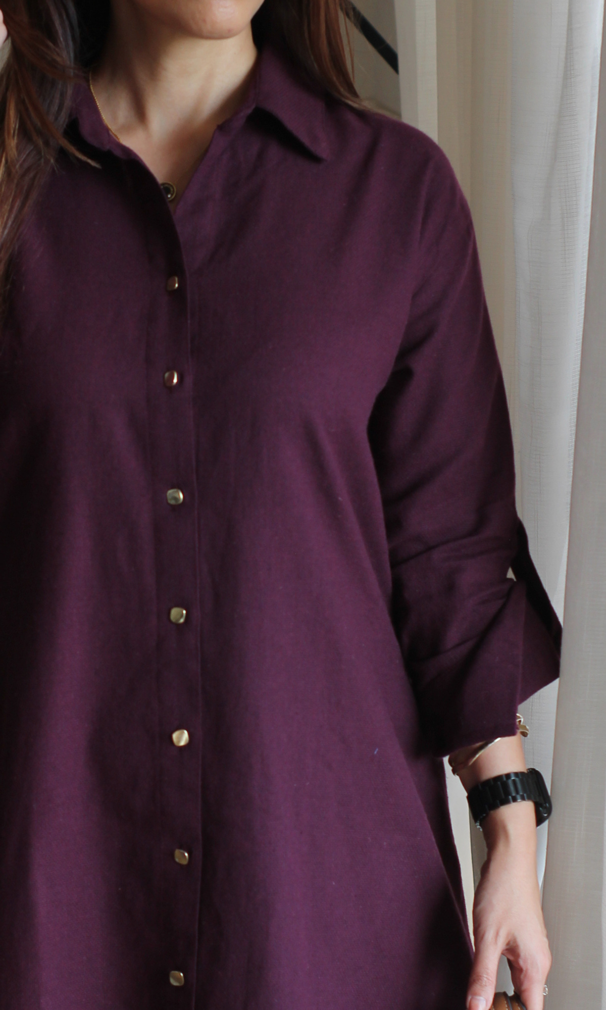 Burgundy Metallic Buttoned Shirt Dress