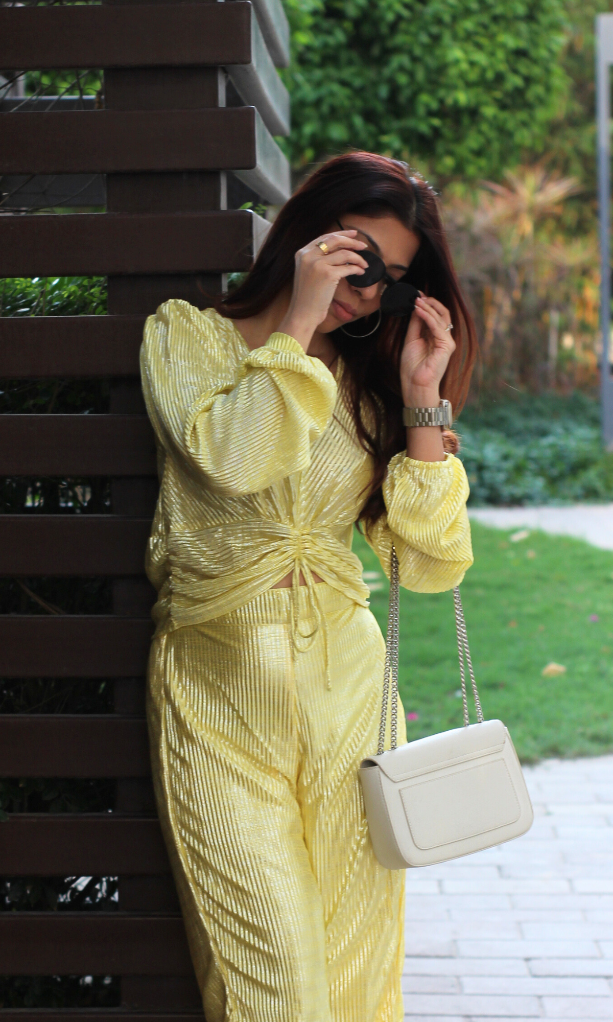 Lemon Pleated Shimmer Sleeved Top and Flared Pants
