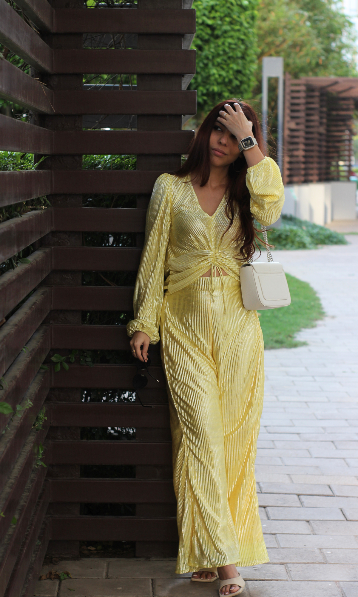 Lemon Pleated Shimmer Sleeved Top and Flared Pants