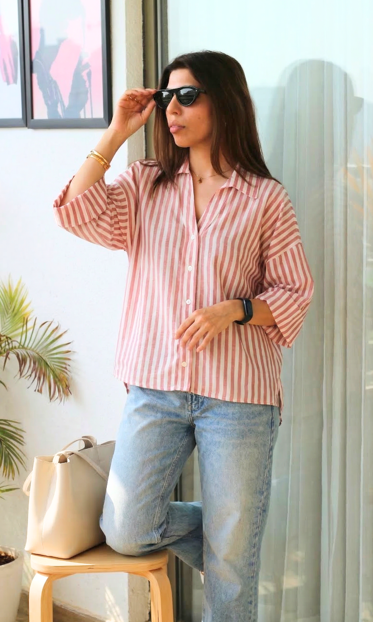 Coral-White Lurex Loose Shirt