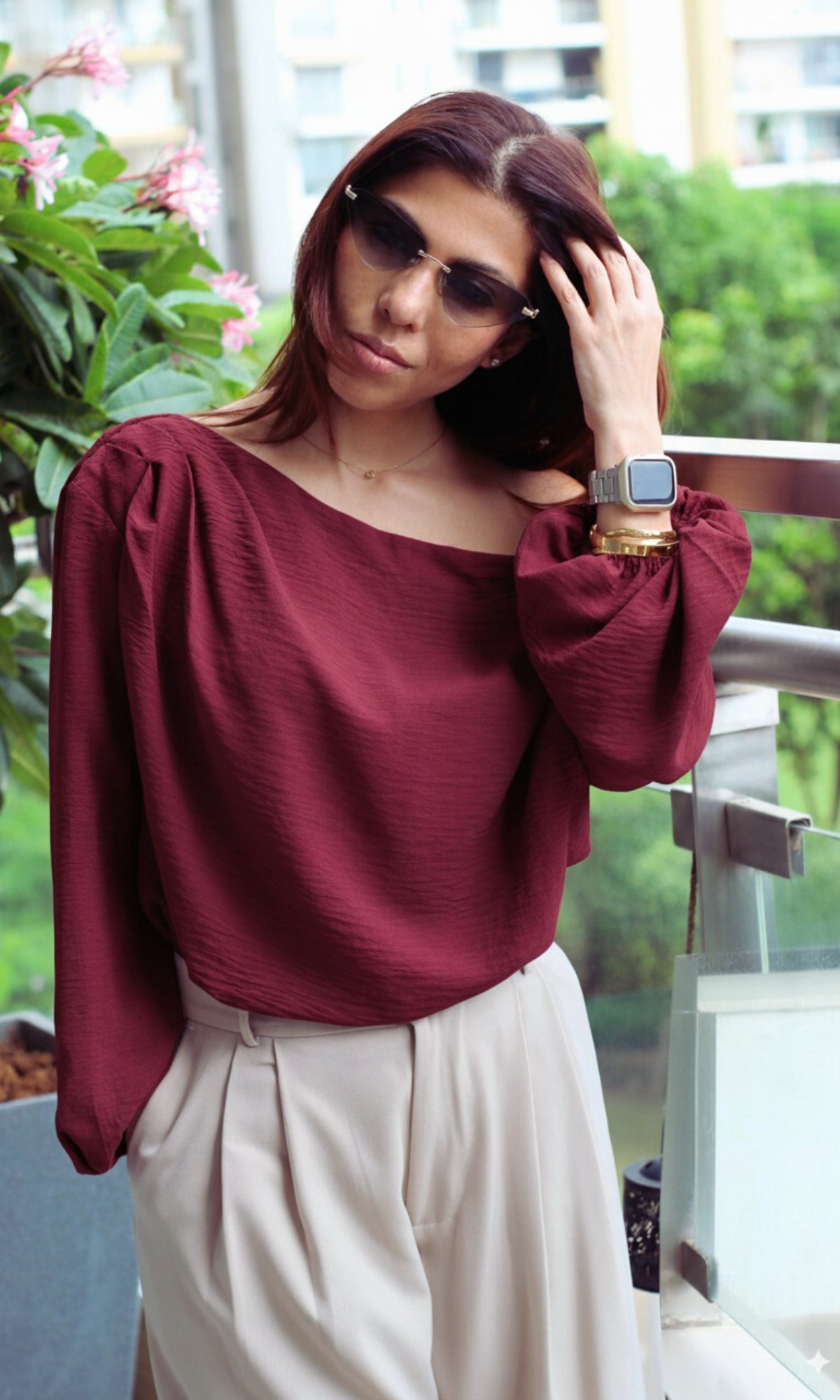 Wine Balloon Sleeved One Shoulder Top