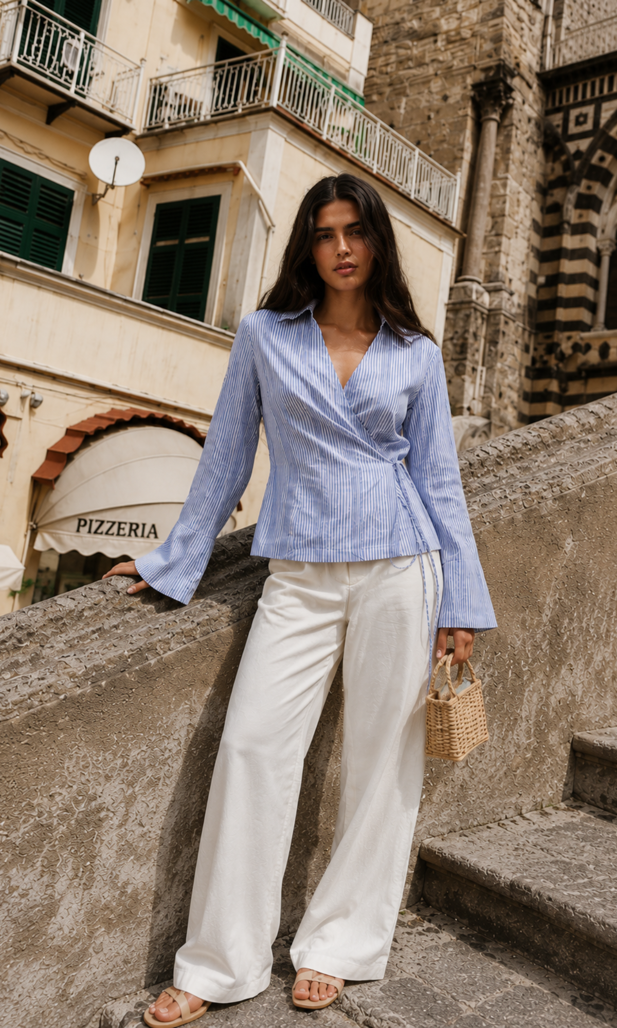 Navy Stripe Bell-Sleeve Kimono Top