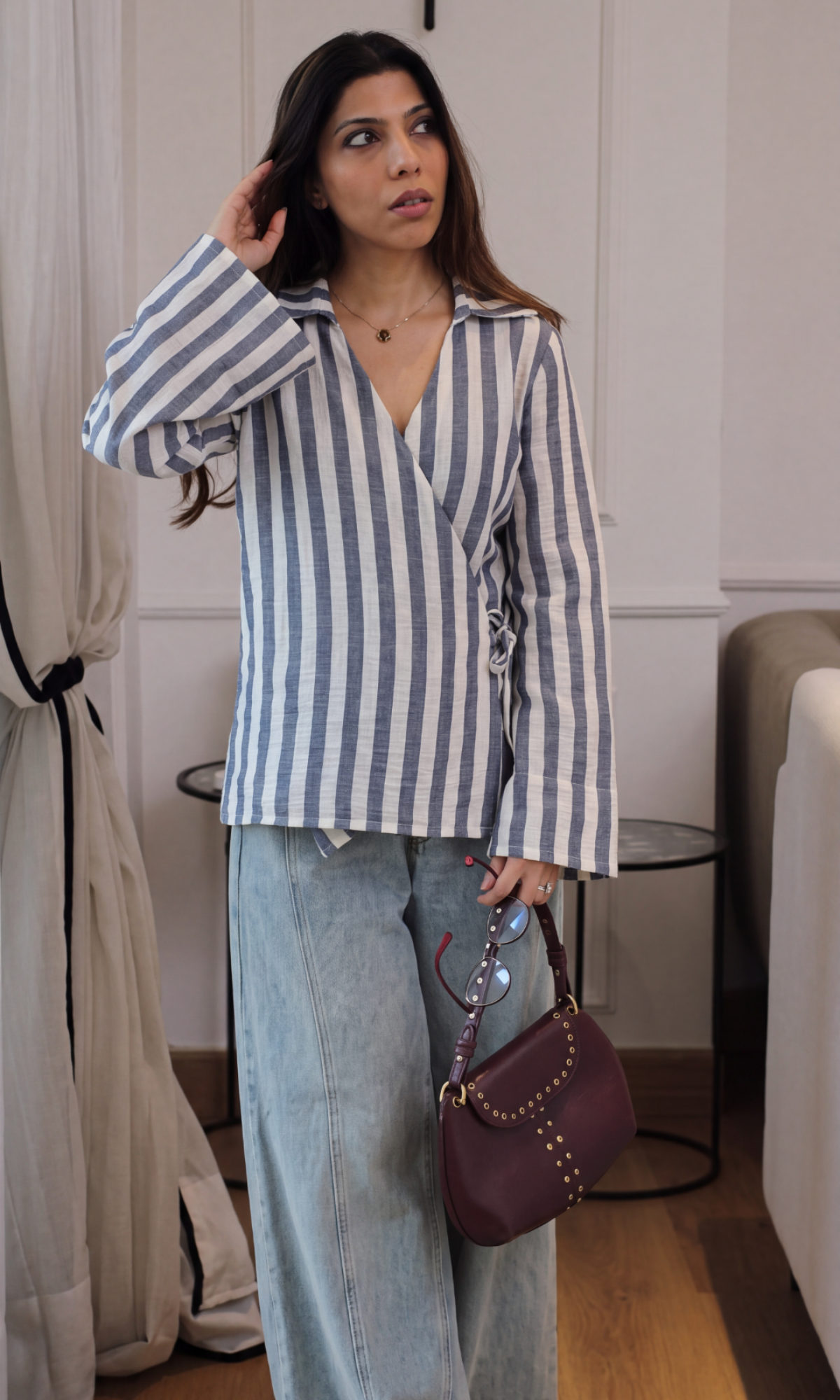 Navy Breton Stripe Bell-Sleeve Kimono Top