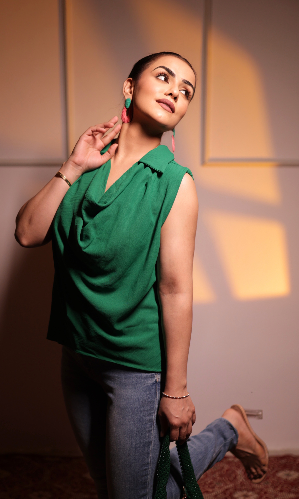 Bold hot-green top with collared neckline and flowing drape at the front, made from a cotton-poly blend — versatile for smart-casual wardrobes.