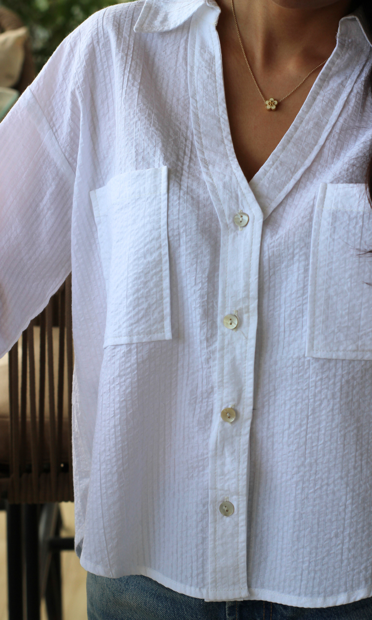White Self-Striped Cotton Cropped Shirt