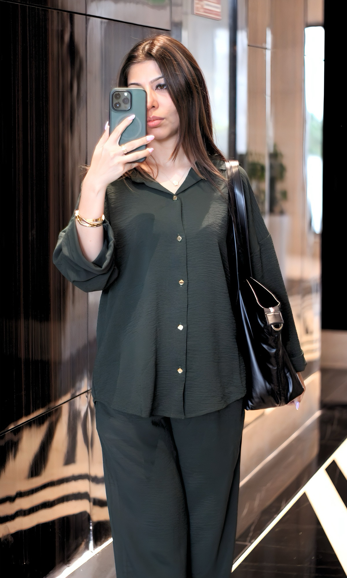 Olive Metallic Buttoned Shirt and Pants Co-ord