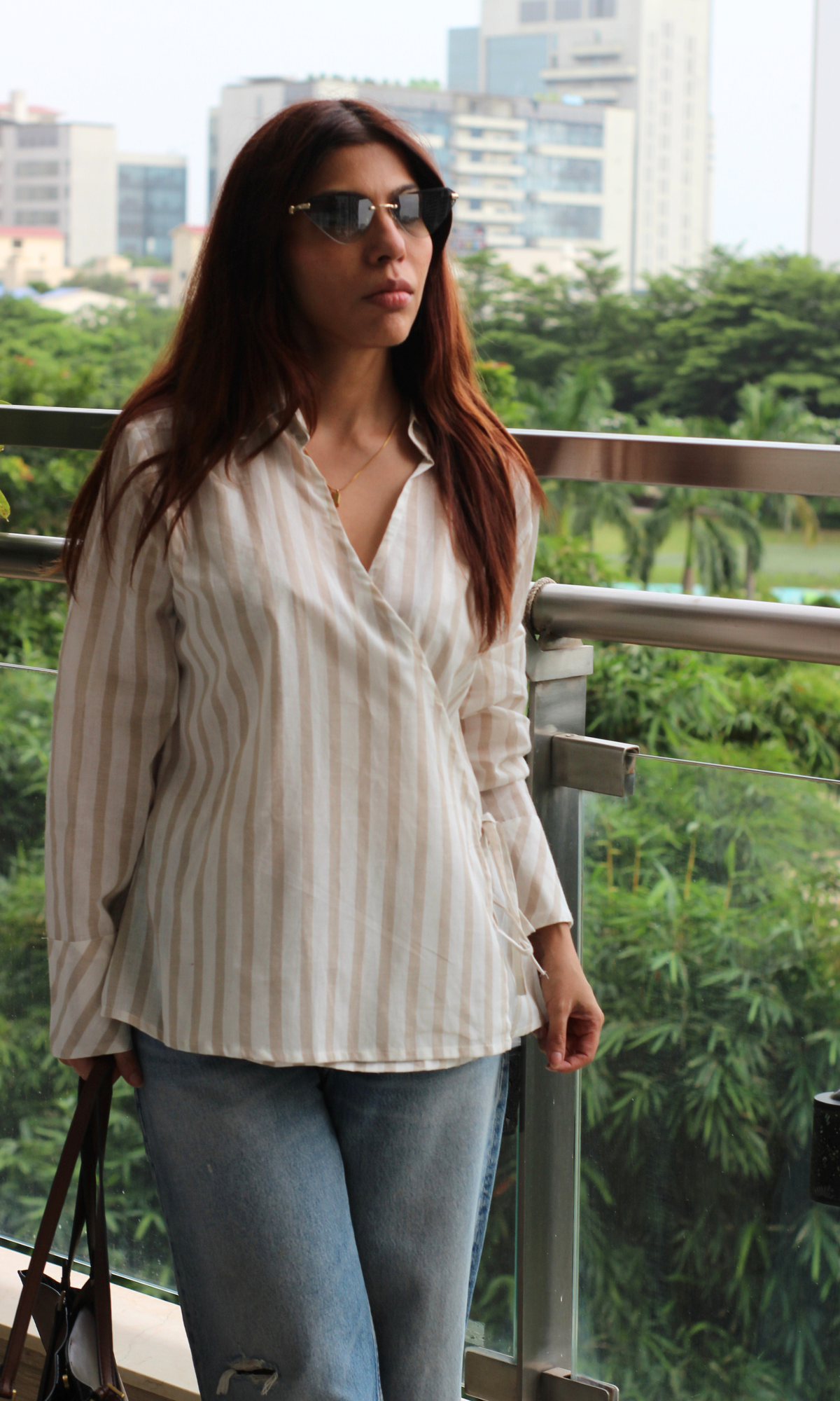 Taupe-White Collared Cotton Kimono Top