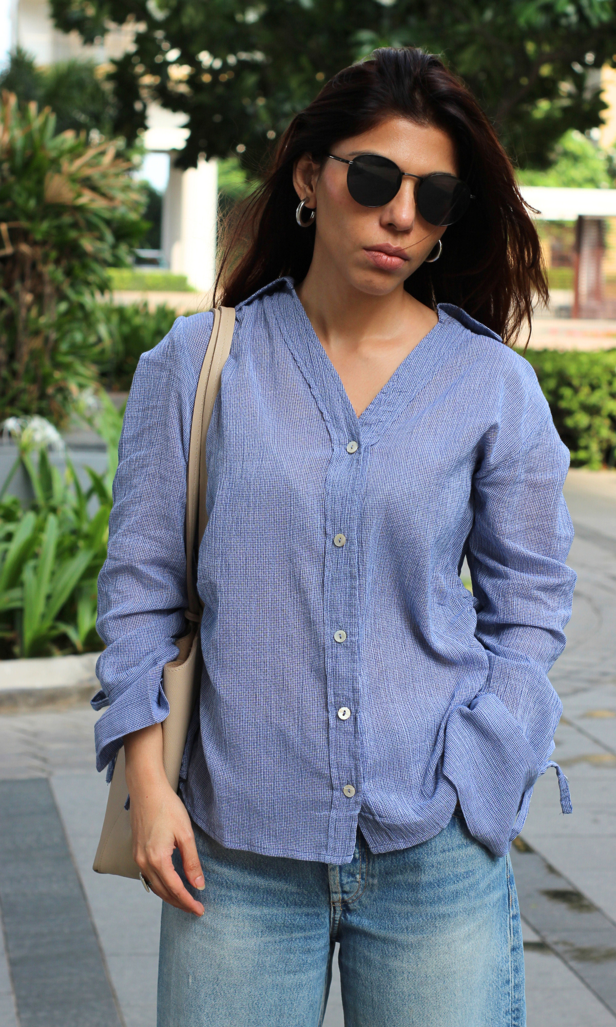 Blue Crinkled String Detail Cotton Shirt