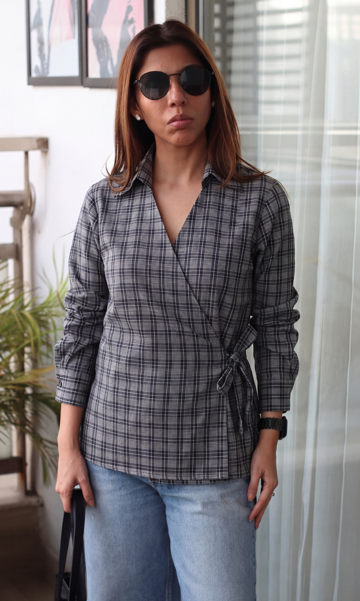 Graphite-Pink Plaid Kimono Top