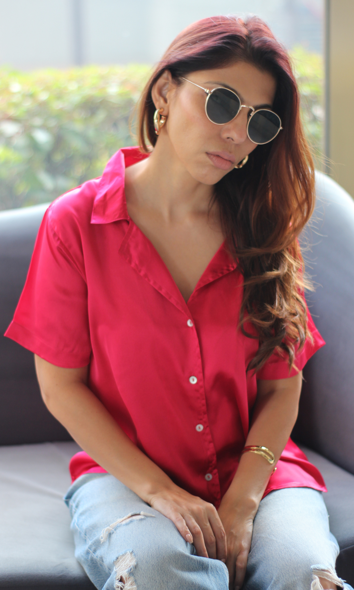 Hot Pink Half Sleeves Satin Shirt