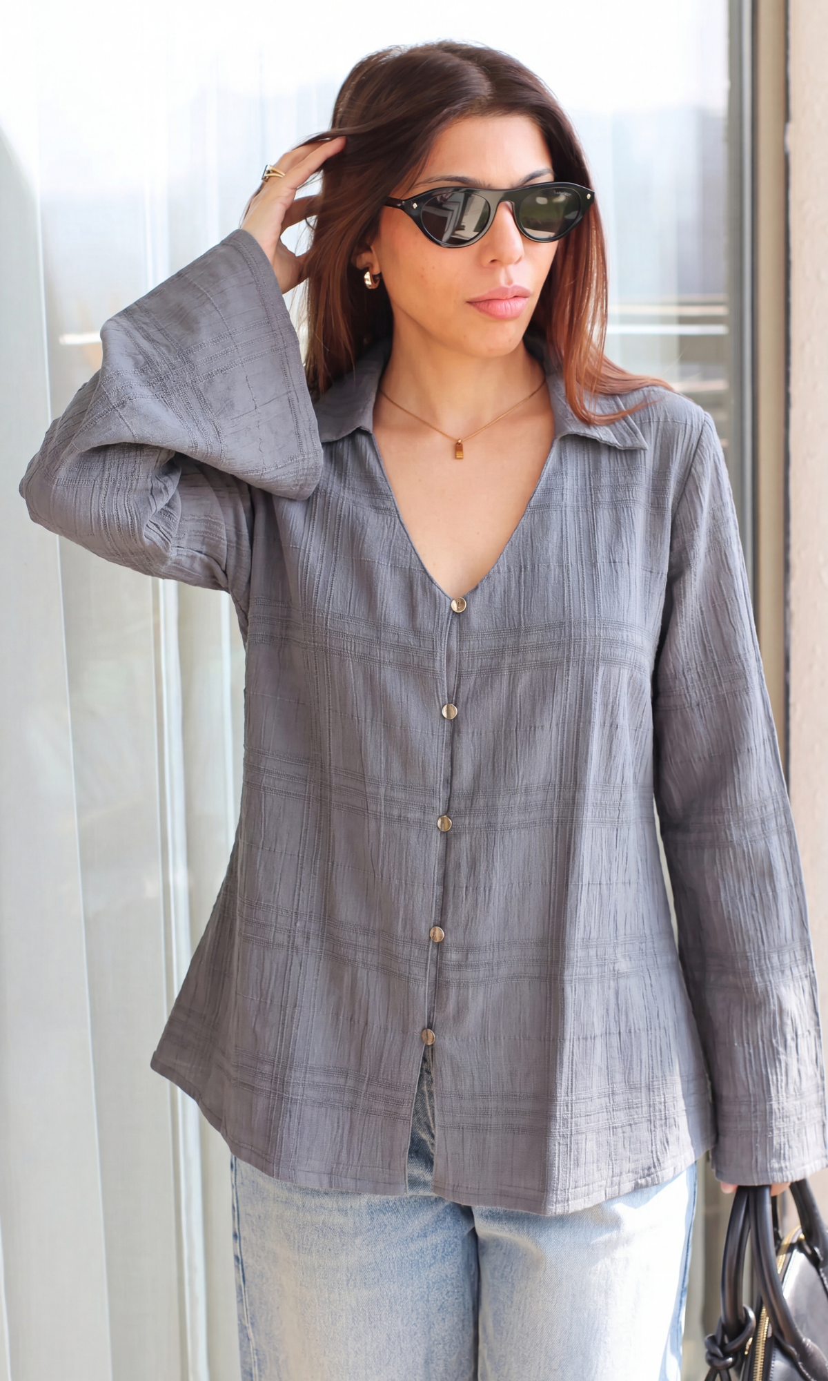 Slate Dobby Collared Blouse