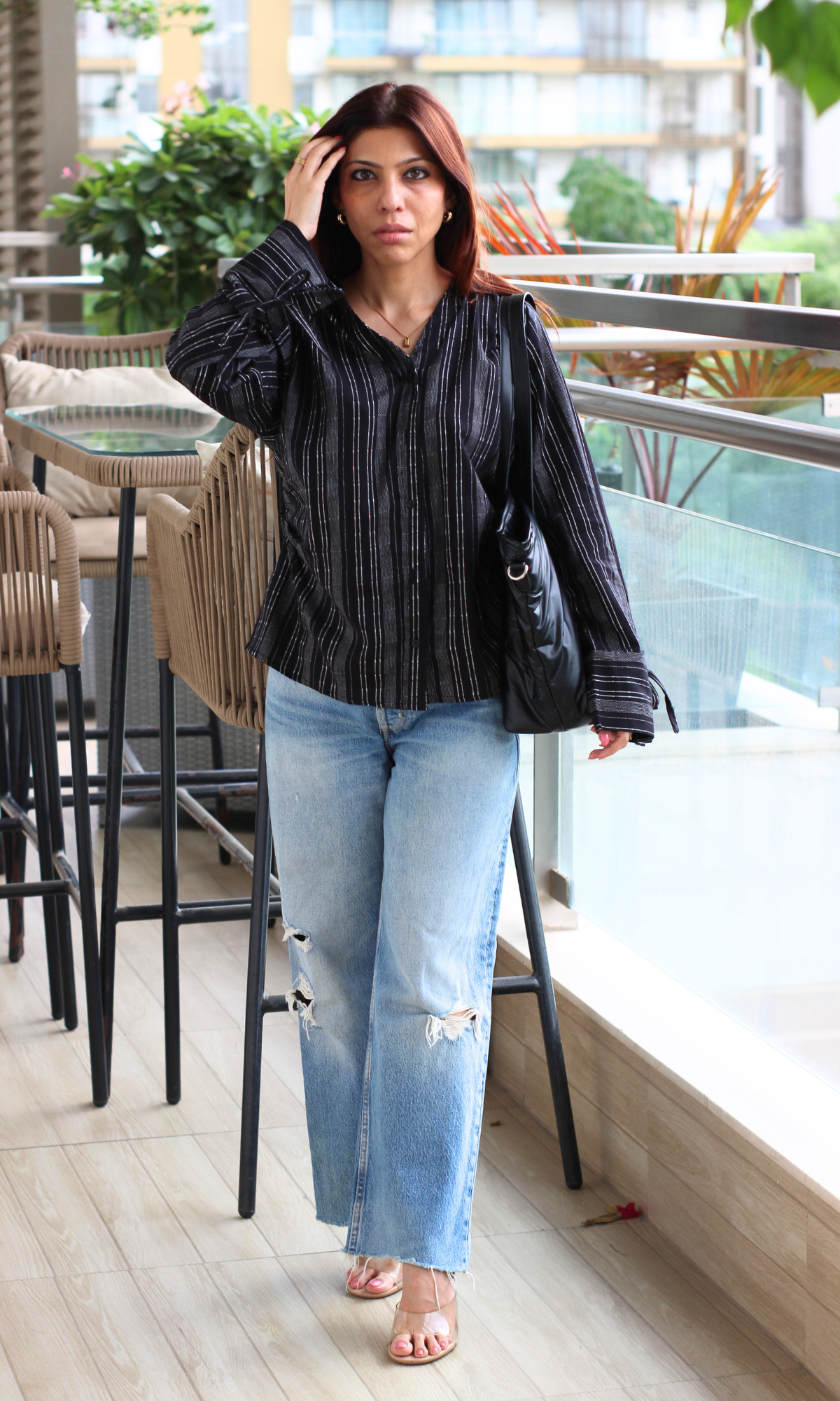 Black Striped String Detail Cotton Shirt