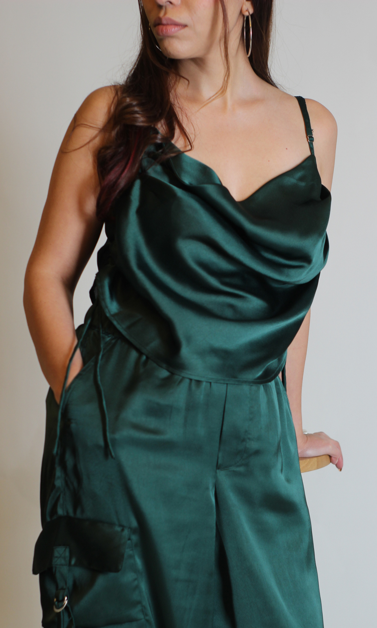 Deep Green Drawstring Top and Parachute Pants