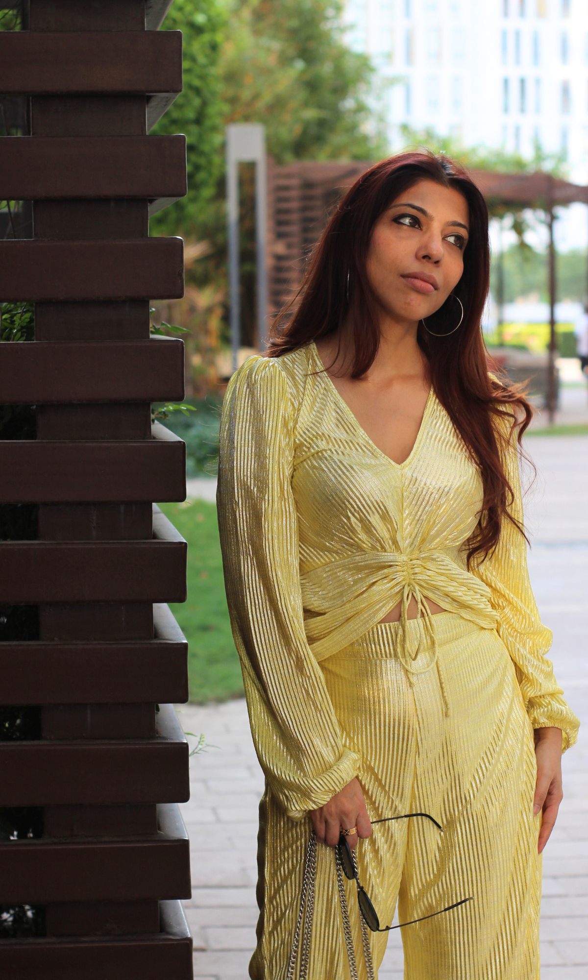 Lemon Pleated Shimmer Sleeved Top and Flared Pants